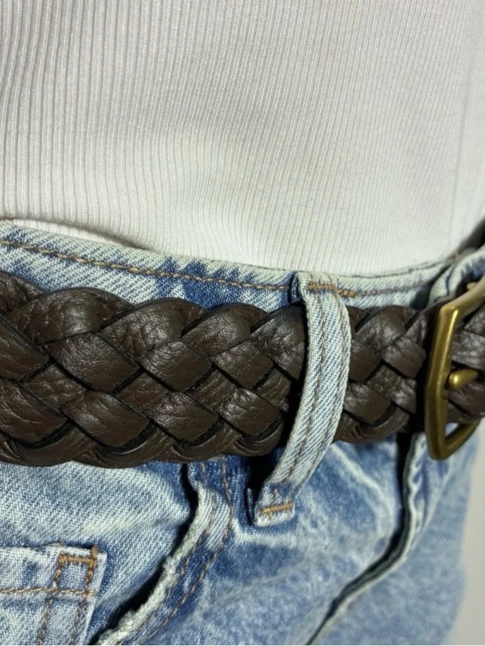 Michael Kors Womens belt Braided Leather Dark Brown Antique Gold Buckle Logo